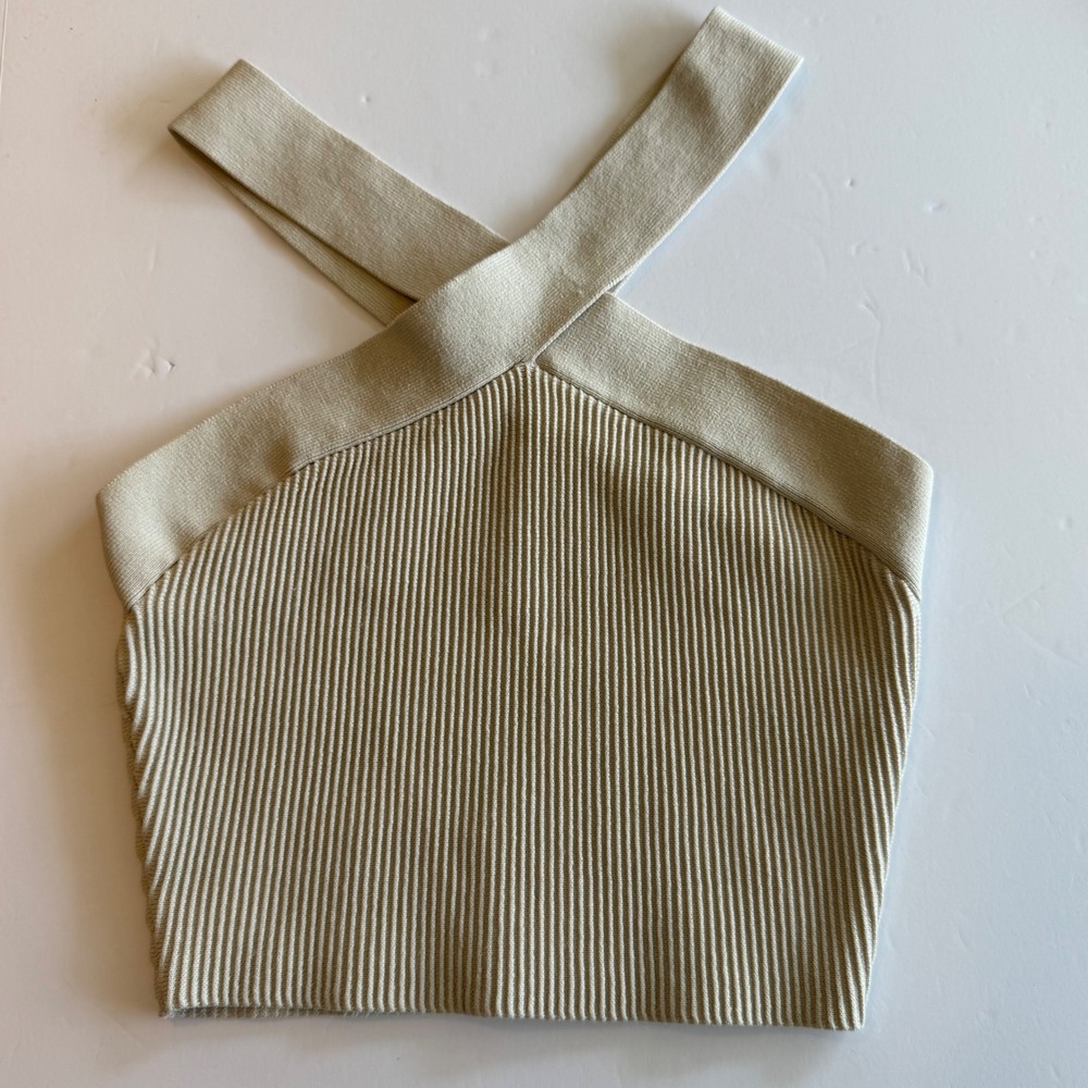 Babaton Sculpt Knit‎ Criss Cross Halter Top Beige Ribbed Sleeveless Small